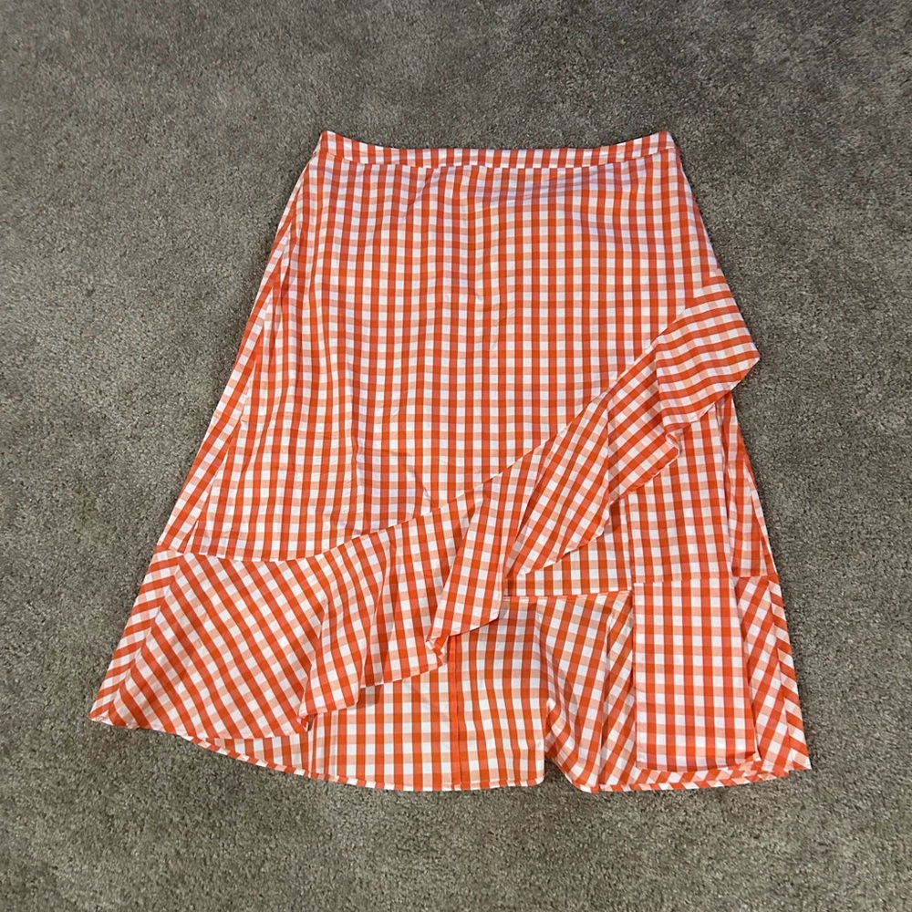 ELOQUII Plus Size 24 Orange White Gingham Asymmetrical Ruffle Midi Skirt - Picture 2 of 3